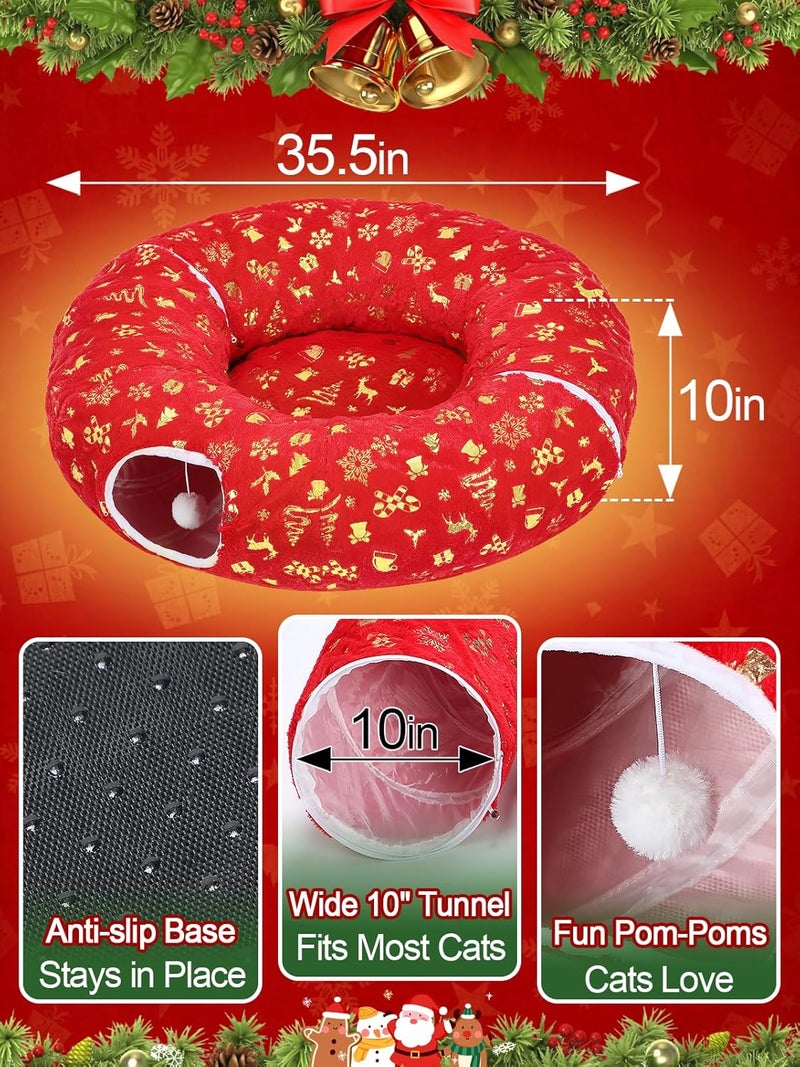 Beeplove Cat Tunnel Christmas Tree Skirt - Red & Golden Cat Donut Bed, Christmas Tree Protector from Cats, Xmas Cat Gifts Accessories - Image 5